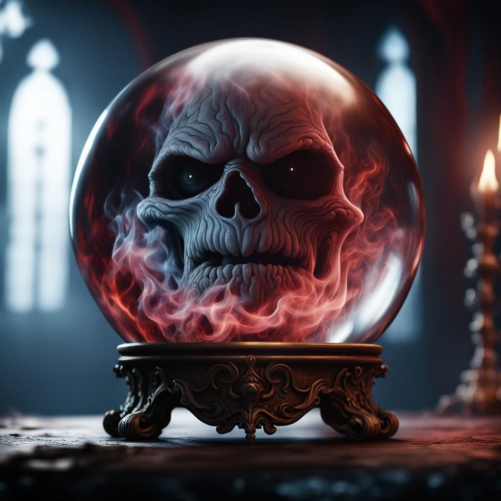 Horror Face Trapped in Crystal Ball, Detailed Digital Art