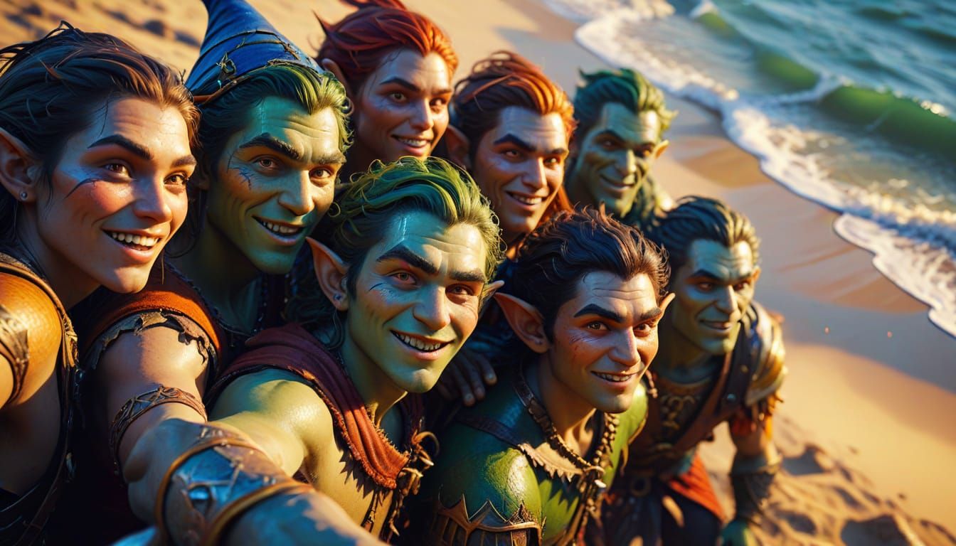 Friends Selfie on the Beach: Hyper-realistic Digital Art