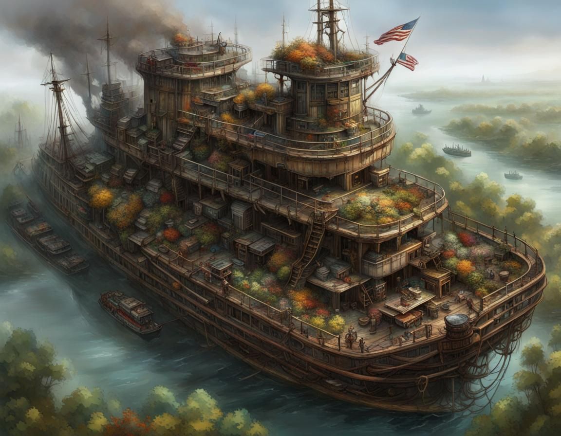 Post-Apocalyptic Battleship Riverboat in Overgrown Wonderlan...