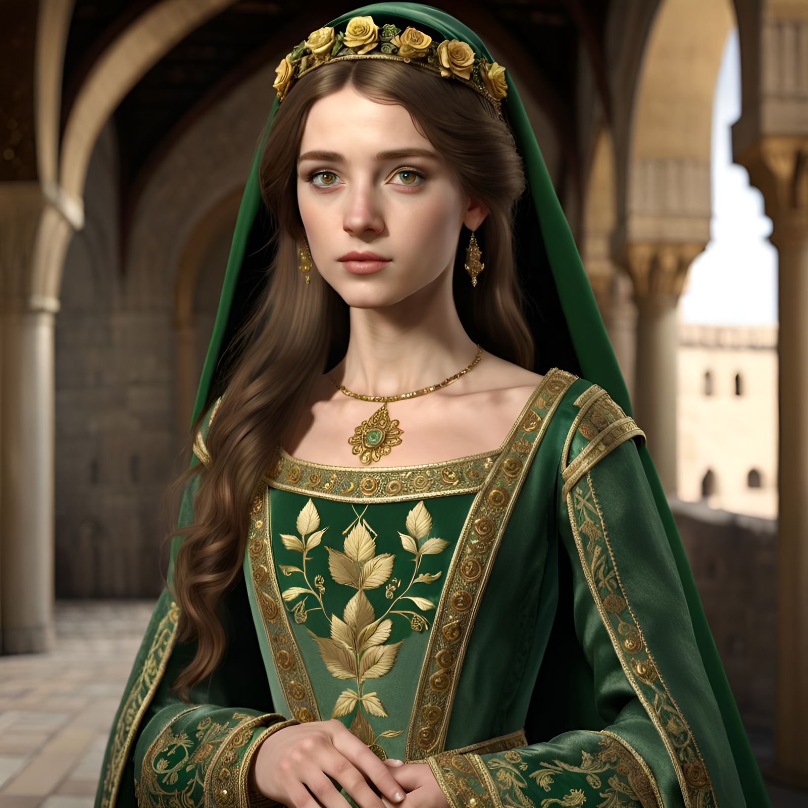 Medieval Noble Lady in Green and Gold Gown