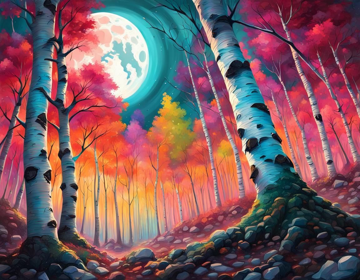 Moonlit Birch Tree Forest Graffiti Art