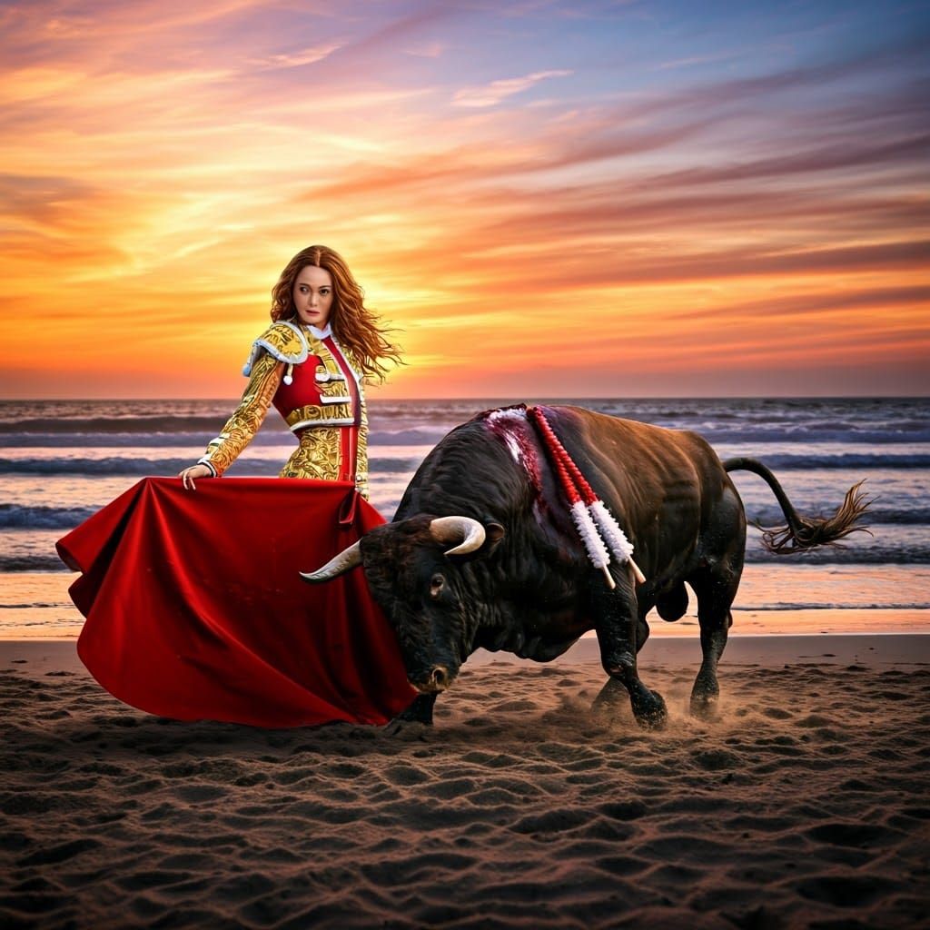 Fiery Matador Confronts Bull on Spanish Beach