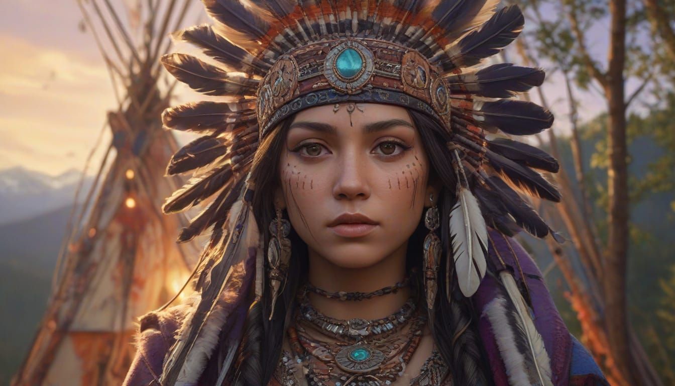 Native American Woman in Traditional Regalia against Majesti...