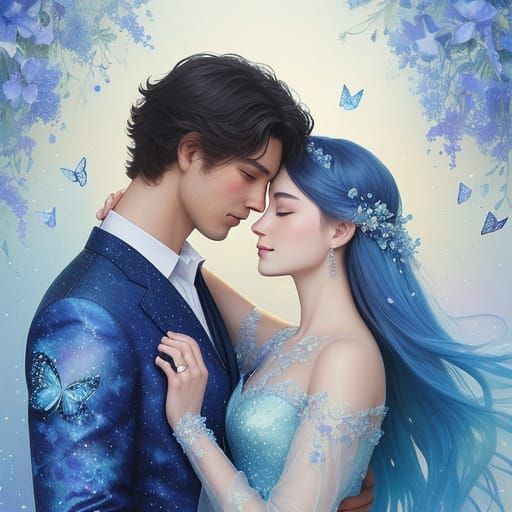 Romantic Couple in Watercolor Dream with Blue Butterflies