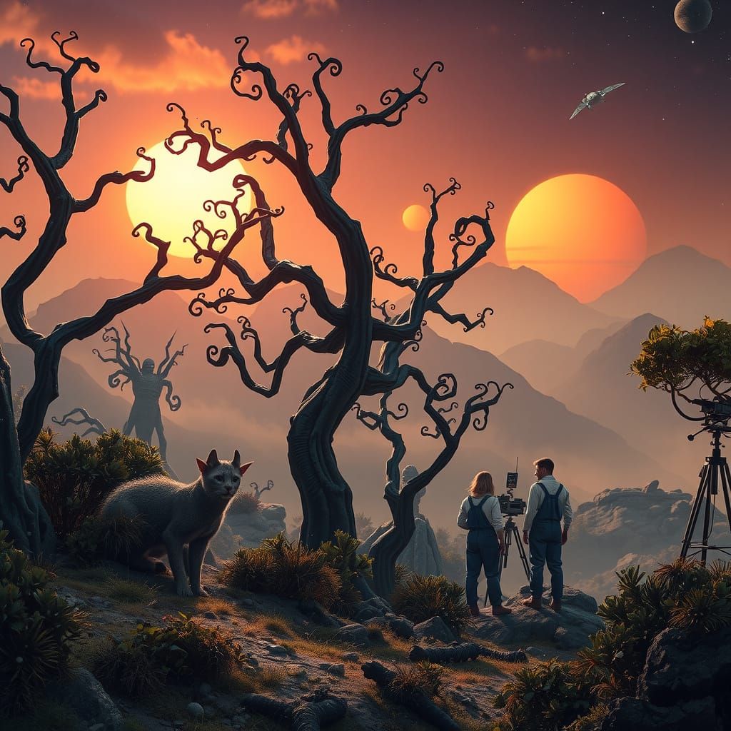 Distant Galaxy Sunset Landscape in Cyberpunk Aesthetic