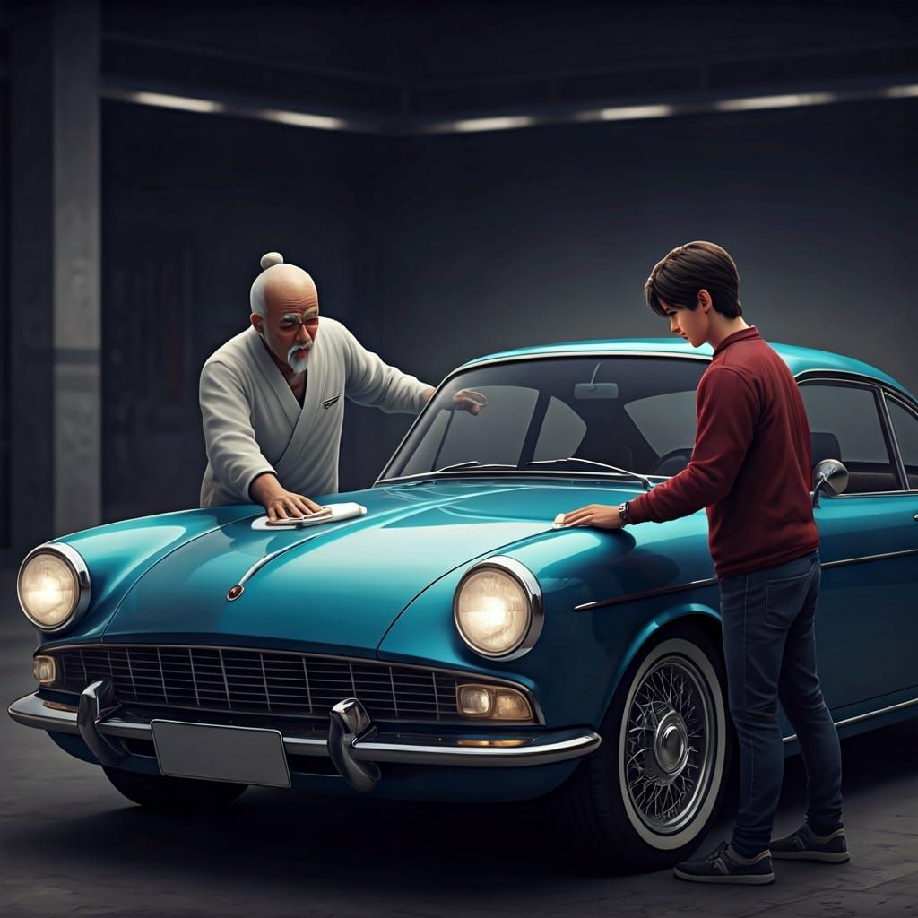 Classic Car Waxing Scene in Anime Style