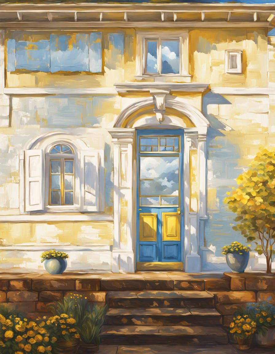 Blue House With Vibrant Yellow Door in Oil Painting Style