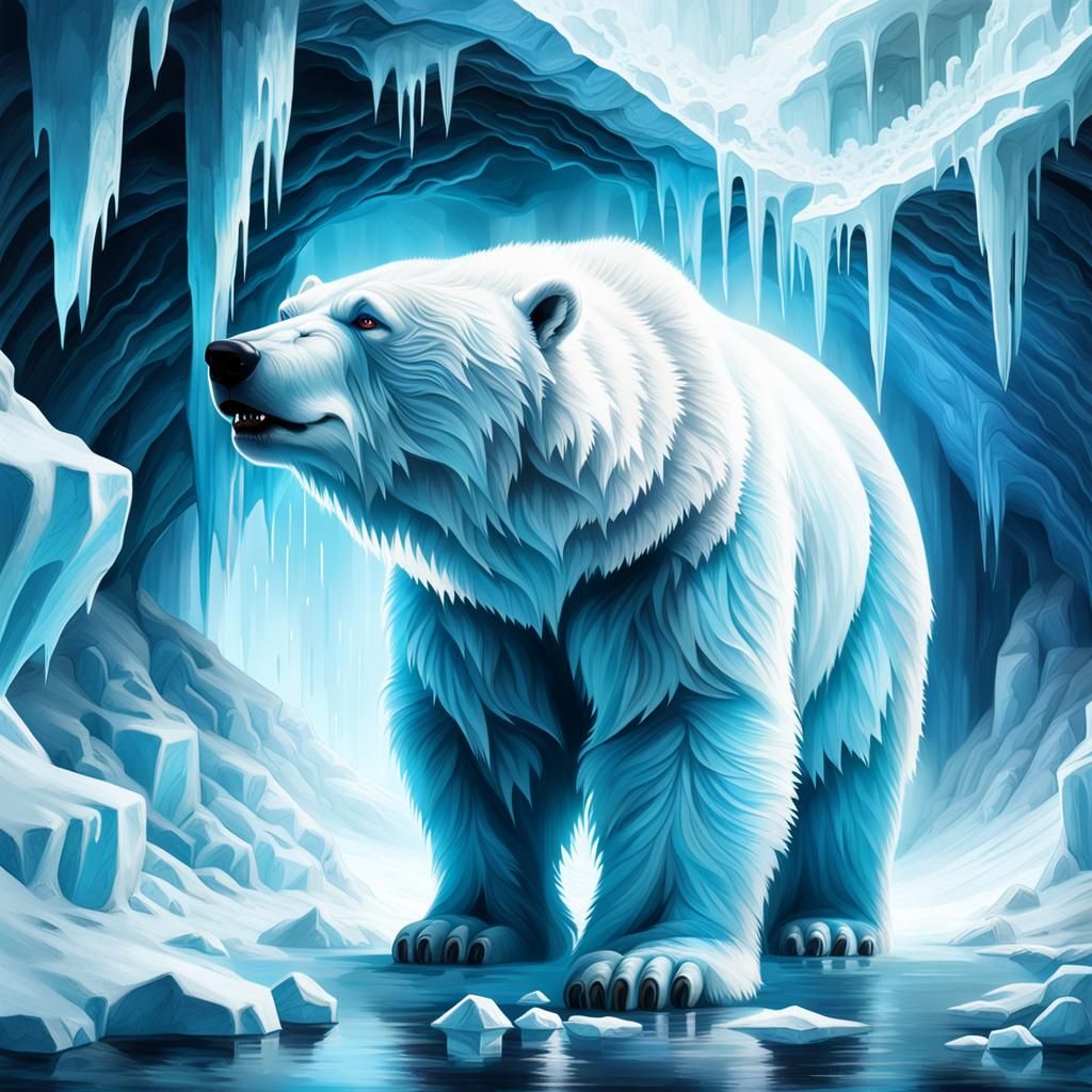 Ghostly Polar Bear at Ice Cave Mouth in Digital Art