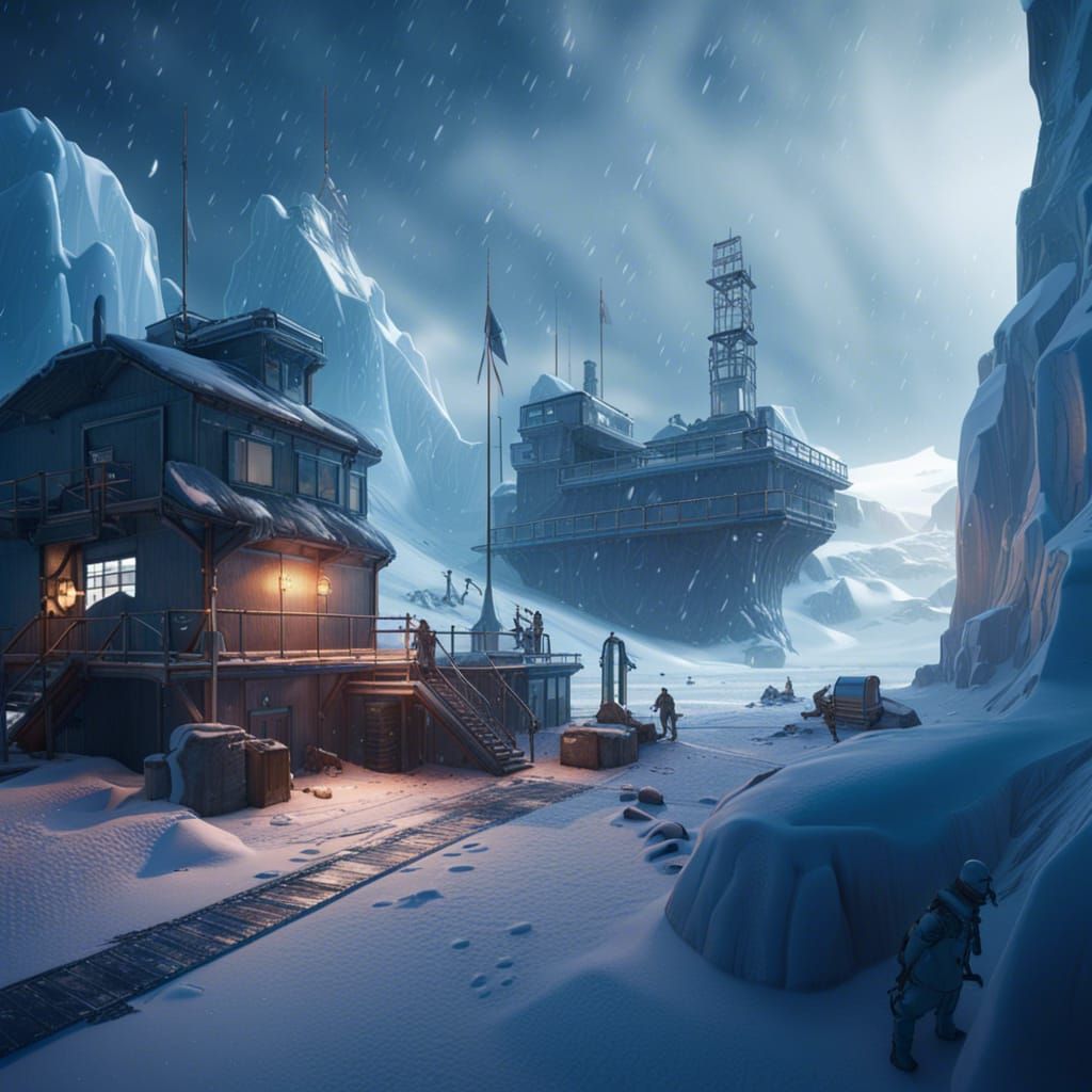 Antarctic Blizzard at Research Station: Matte Painting