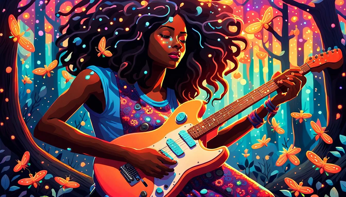 Neon Guitarist in Firefly Forest