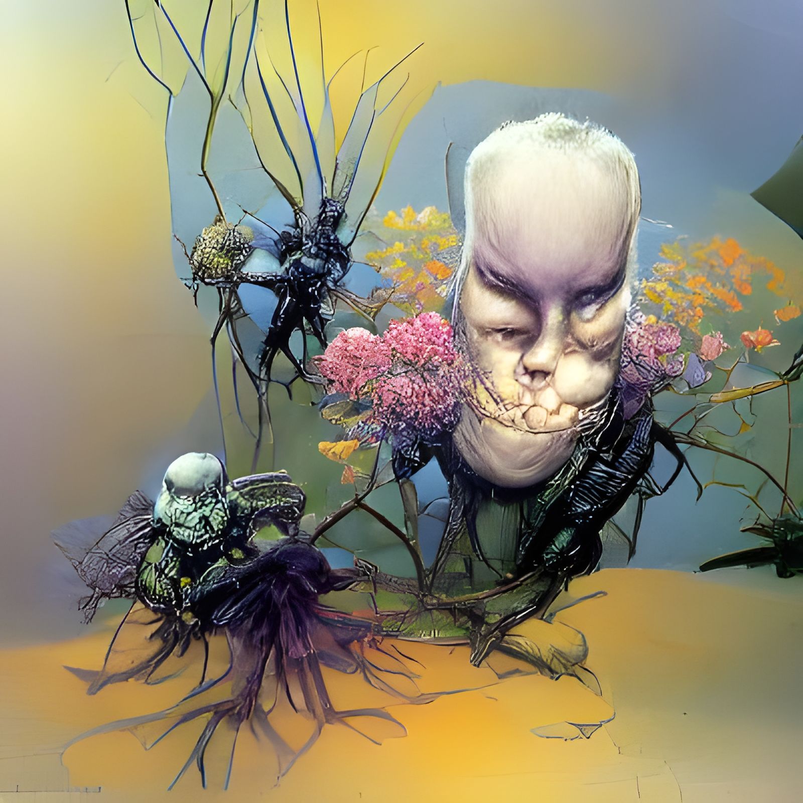 Robot in Psychedelic Portrait with Floral Growth
