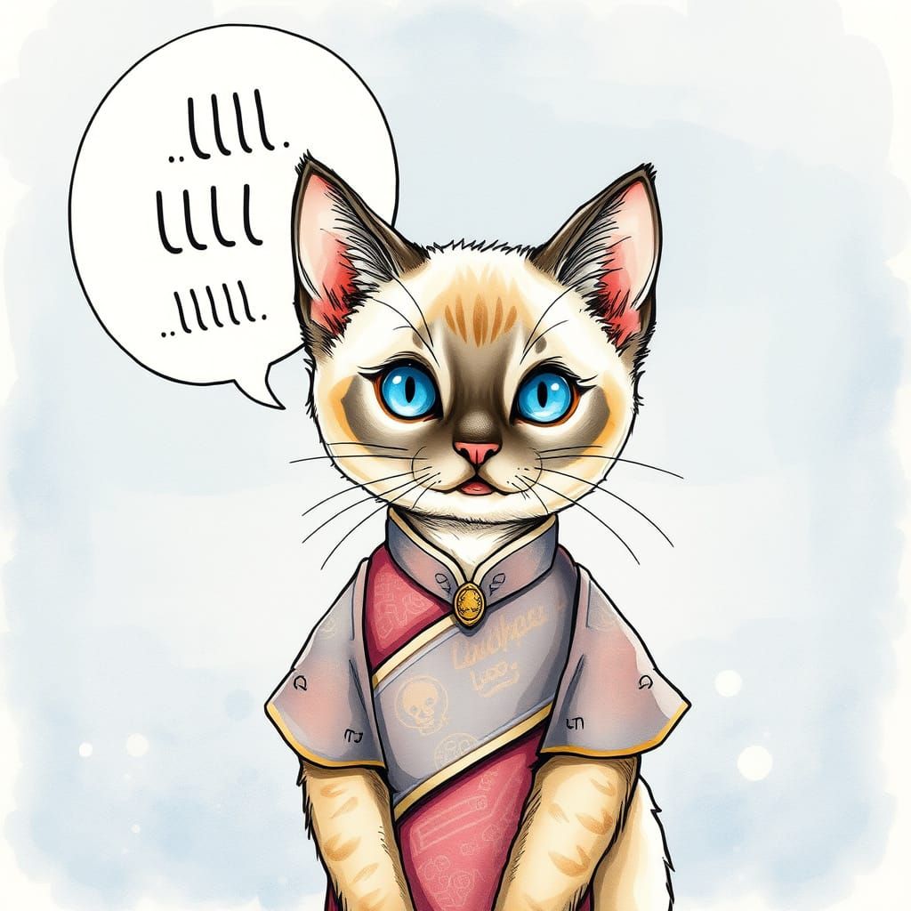 Siamese Kitten in Thai Dress: Whimsical Illustration