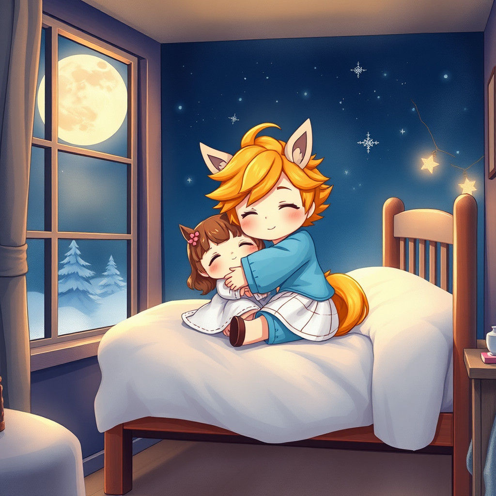 Chibi Boy Hugs Sister: Anime Watercolor Dreamscape