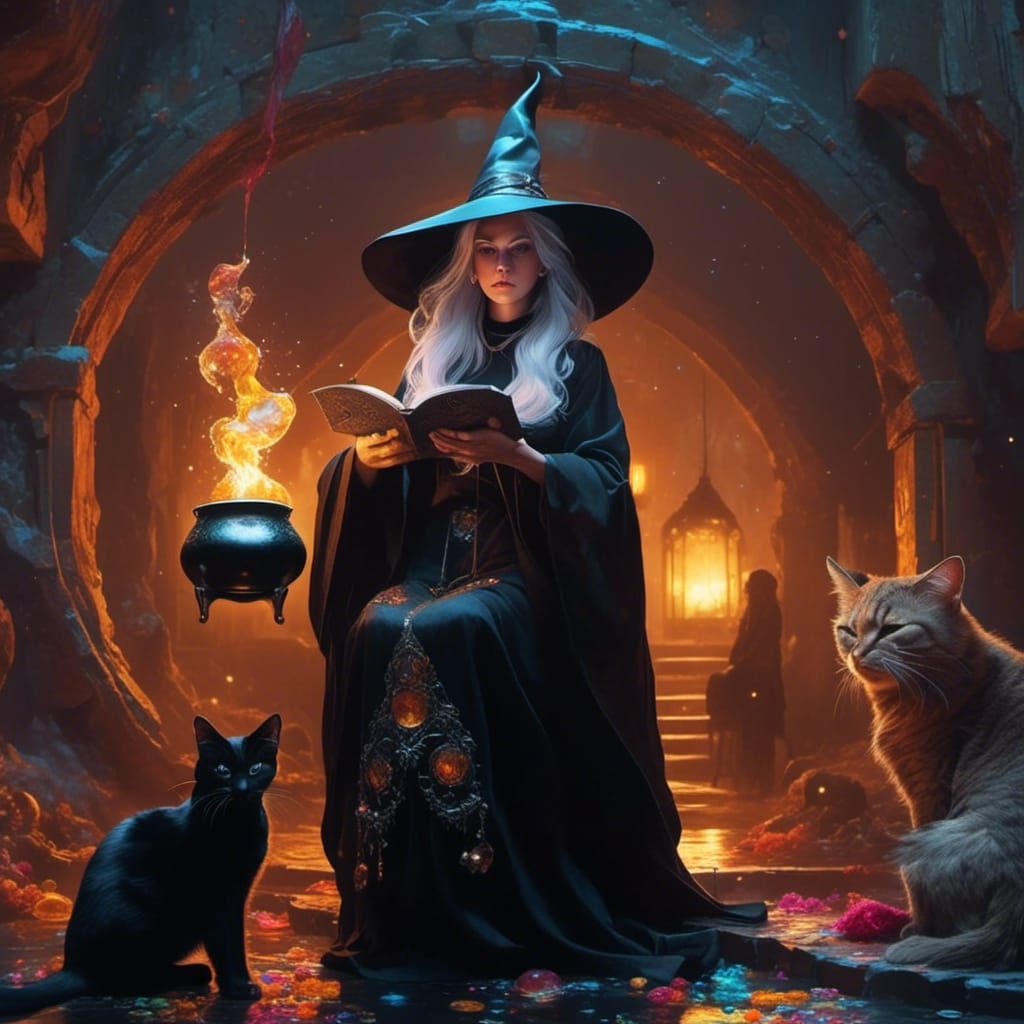 Witch by Cauldron in Graffiti Street Art Style