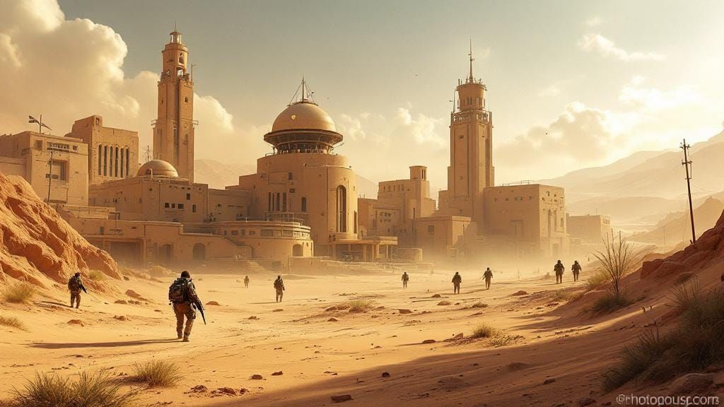 Arid Desert Military Outpost: Photorealistic Tactical Scene
