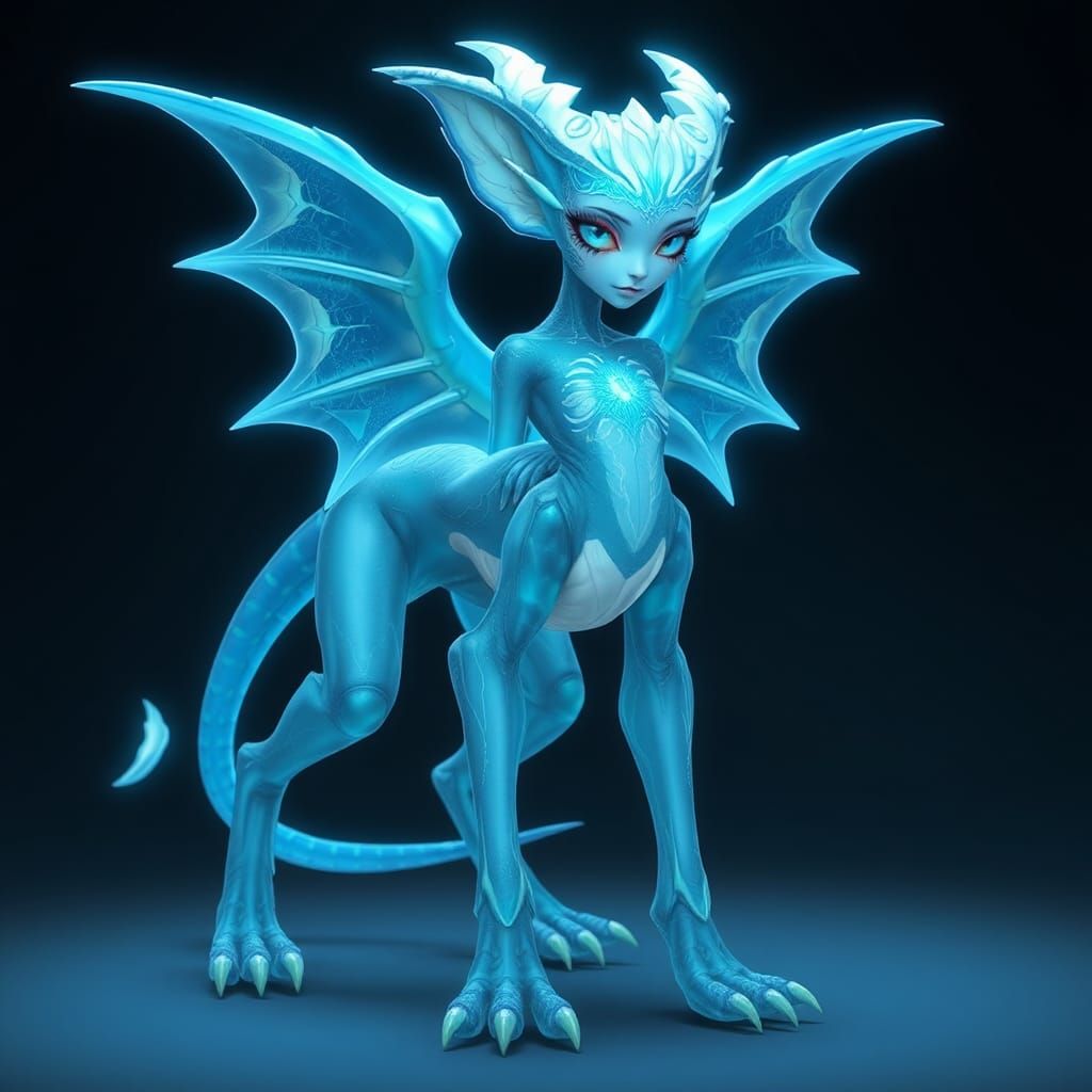 Blueish Chimeric Sphinx Monster Girl with Bioluminescence