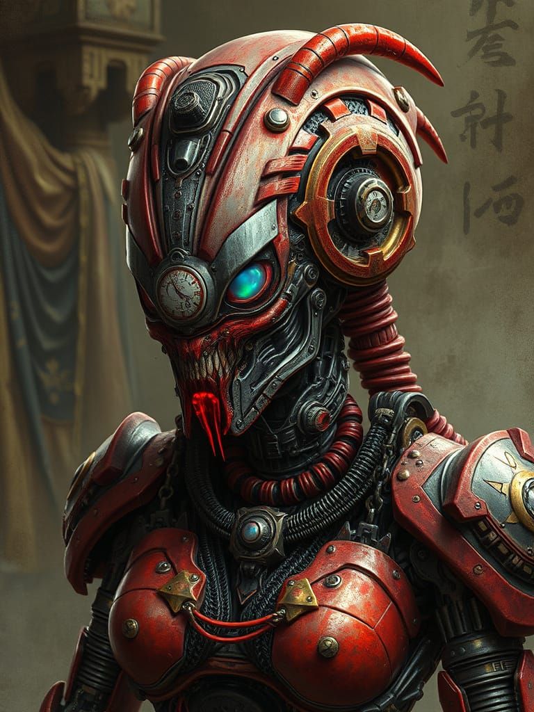 Cyberpunk Goddess in Opal and Red Steampunk Armor