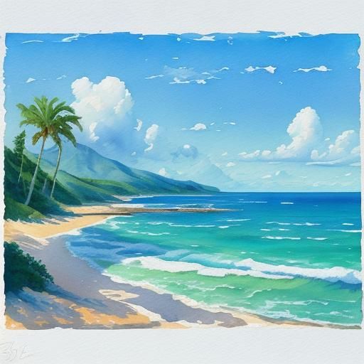 Seascape in Gouache Style Under Blue Sky