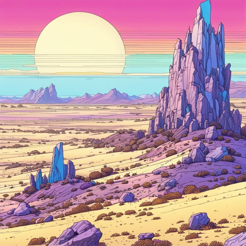 Crystals in Desert Grassland, Ligne Claire Style