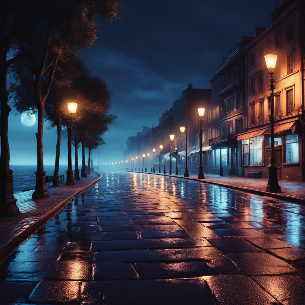 Vibrant Night Seaside Boulevard in Moody Oil Painting Style