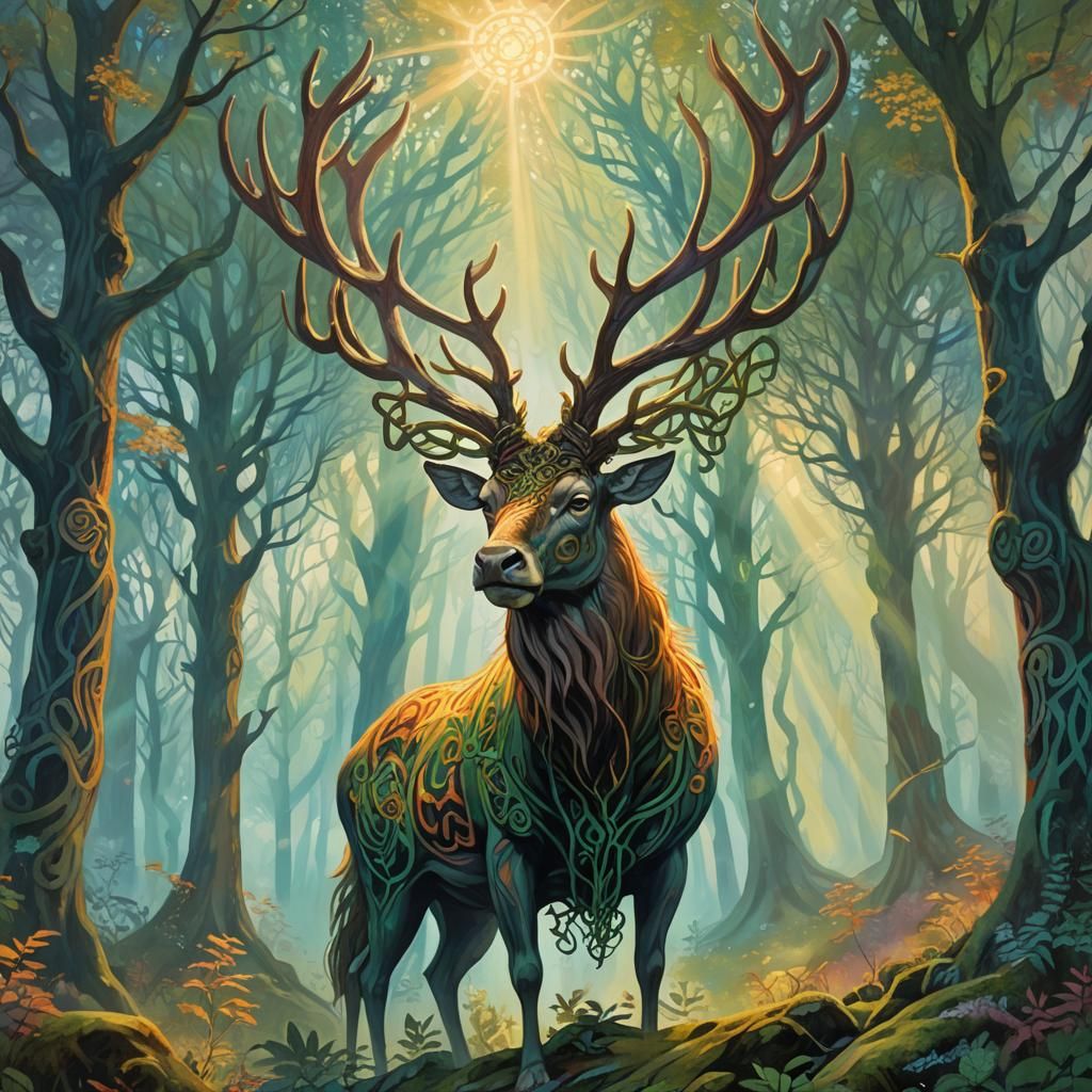 Cernunnos in Mystical Forest: Fauvist Expressionism