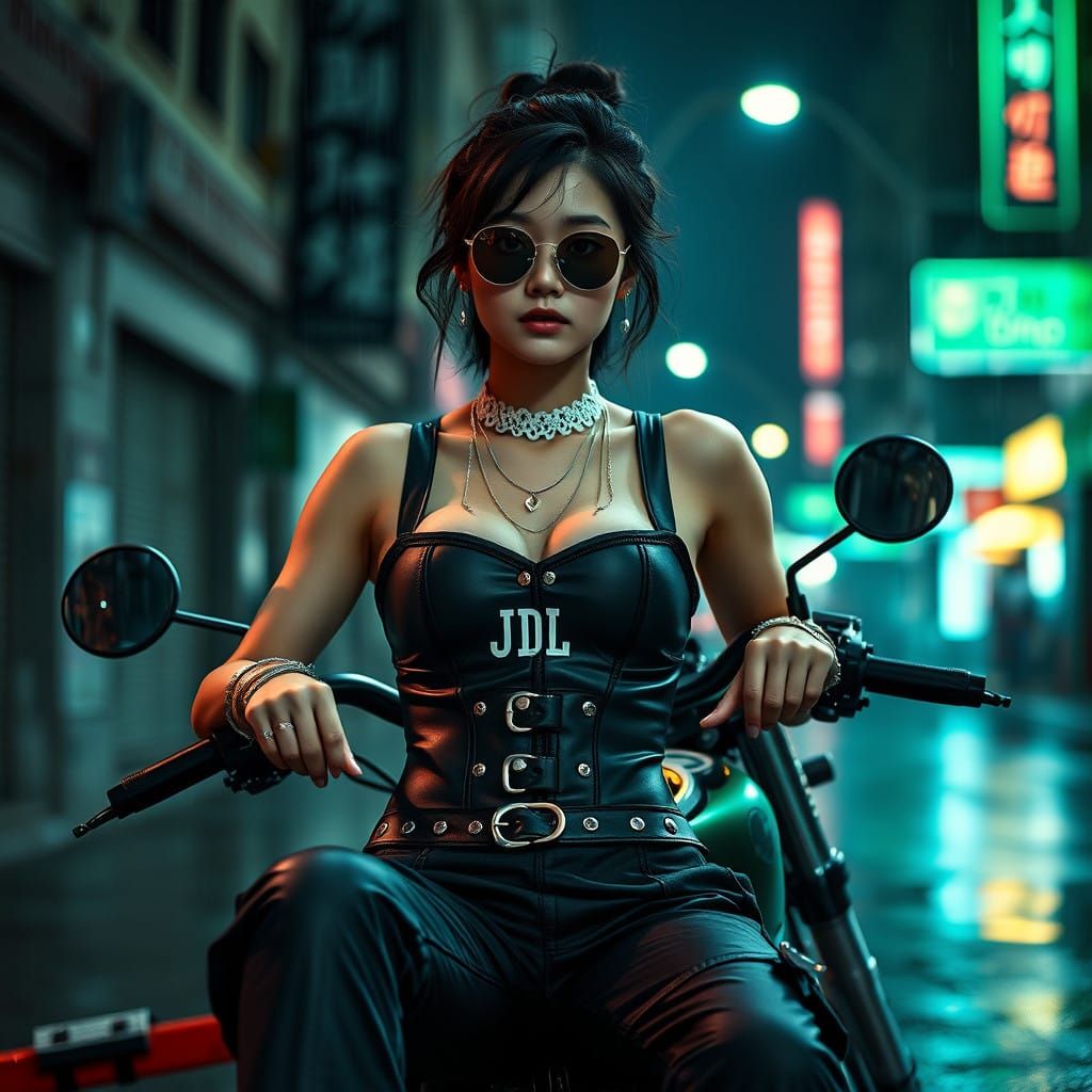 Hyper-Realistic Biker Chic Portrait in Neon-Lit Dystopian Ur...