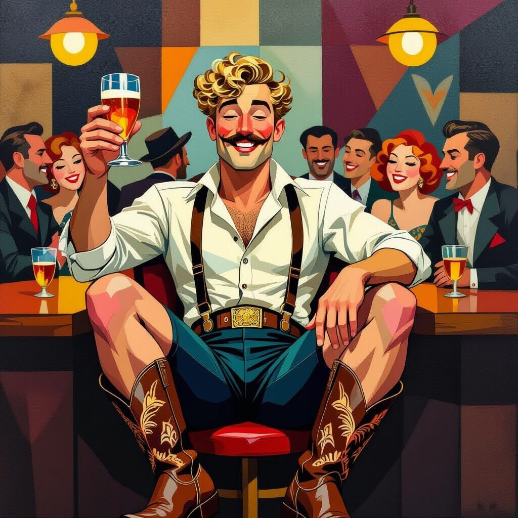 Cubist Speakeasy Scene with Man in Lederhosen