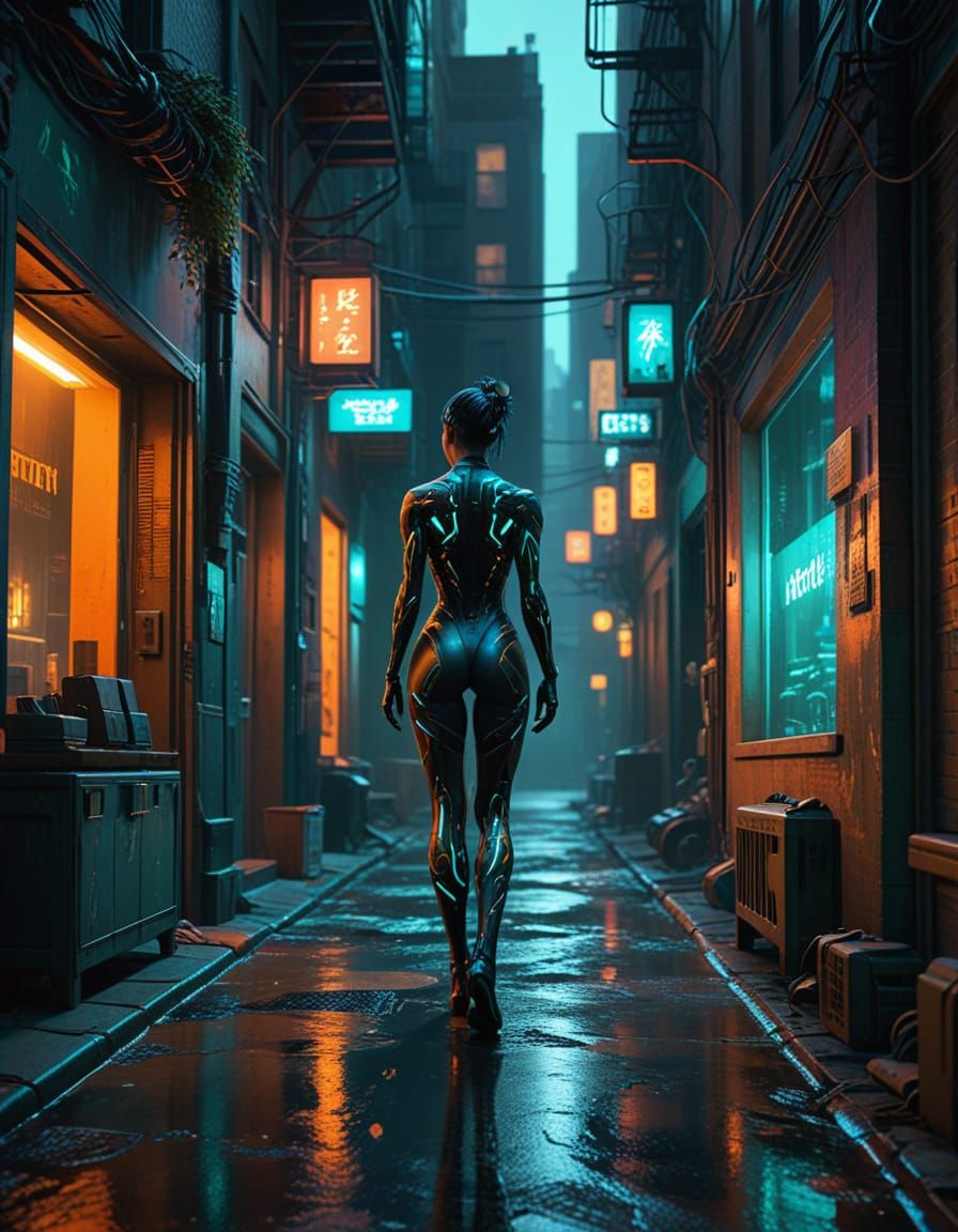 Cyberpunk Figure in Neon-Lit Cityscape
