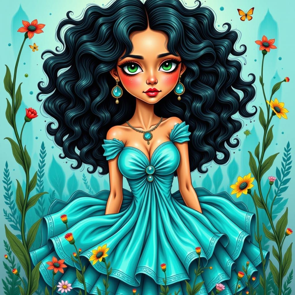 Whimsical Turquoise Beauty in Caricature Art Style
