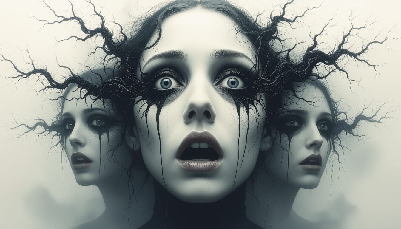 Surreal Shock: Ethereal Tendrils Emanating from Wide Eyes