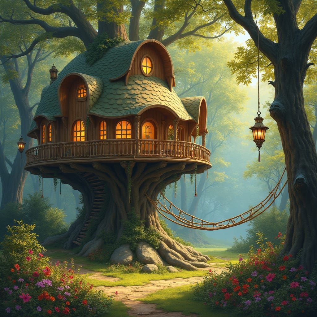 Organic Treehouse Oasis in Sunlit Forest