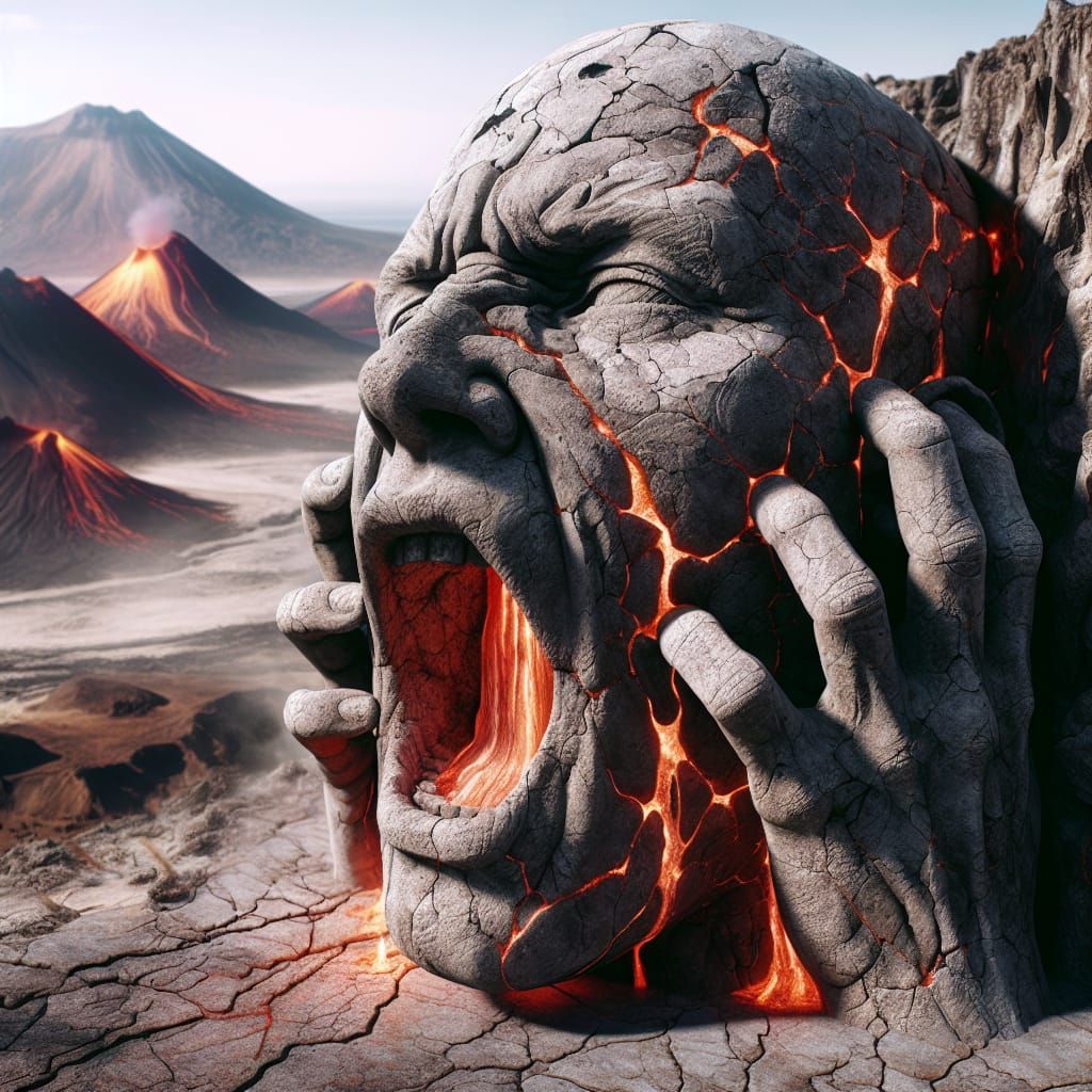 Hyperrealistic Lava Face in 4K: Exhaustion and Fury