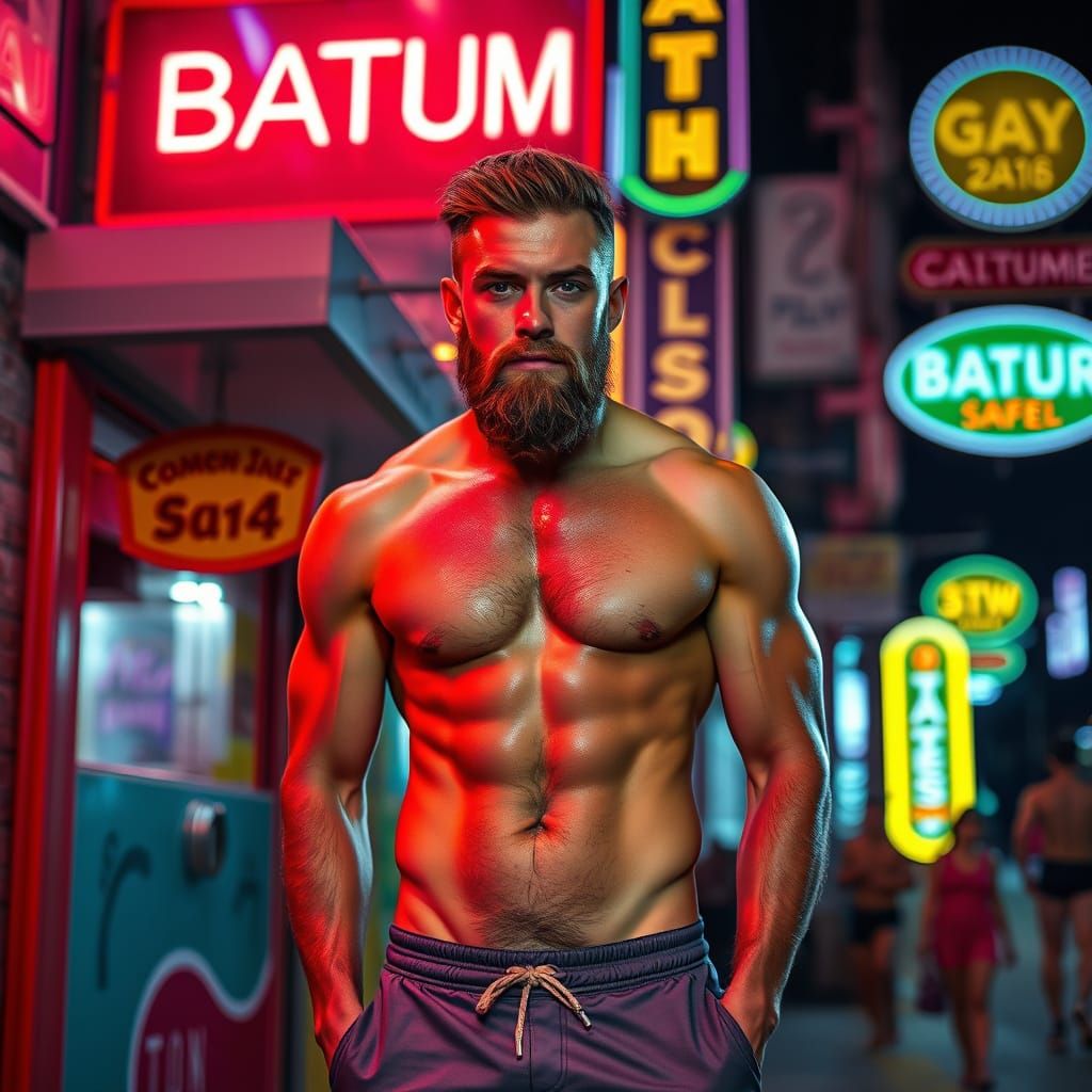 A muscular, bearded man with a glistening sweat-soaked hairy...