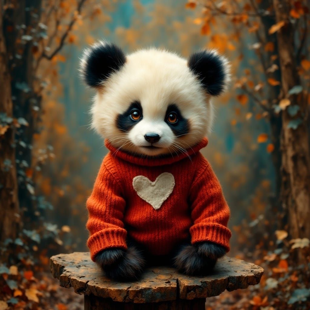 Fantastical Realism of a Panda in Vibrant Red Sweater