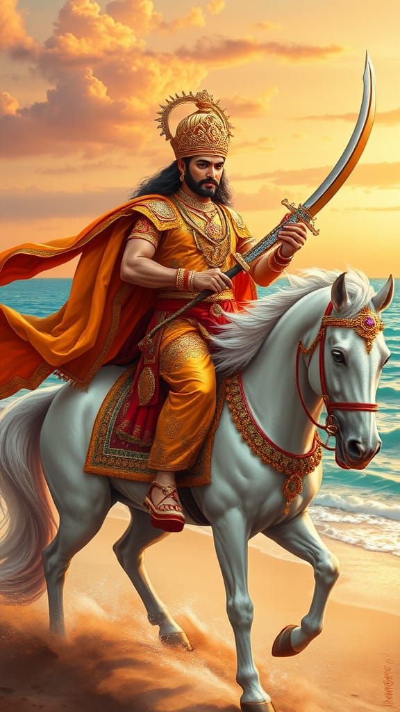 Regal Indian King Rides Majestic White Horse Near Serene Bea...