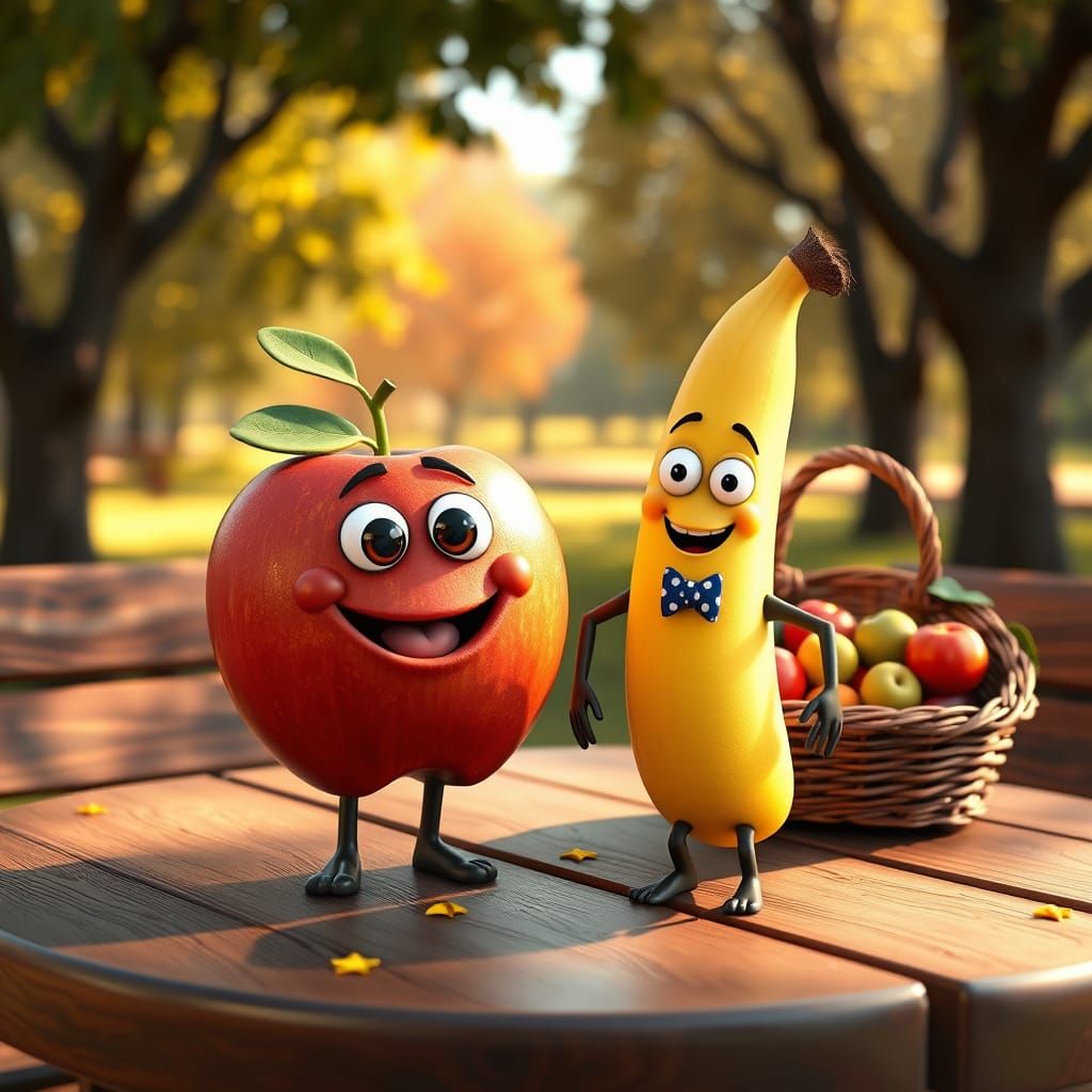 Cheerful Apple and Banana Friends in a Fantastical Picnic Sc...