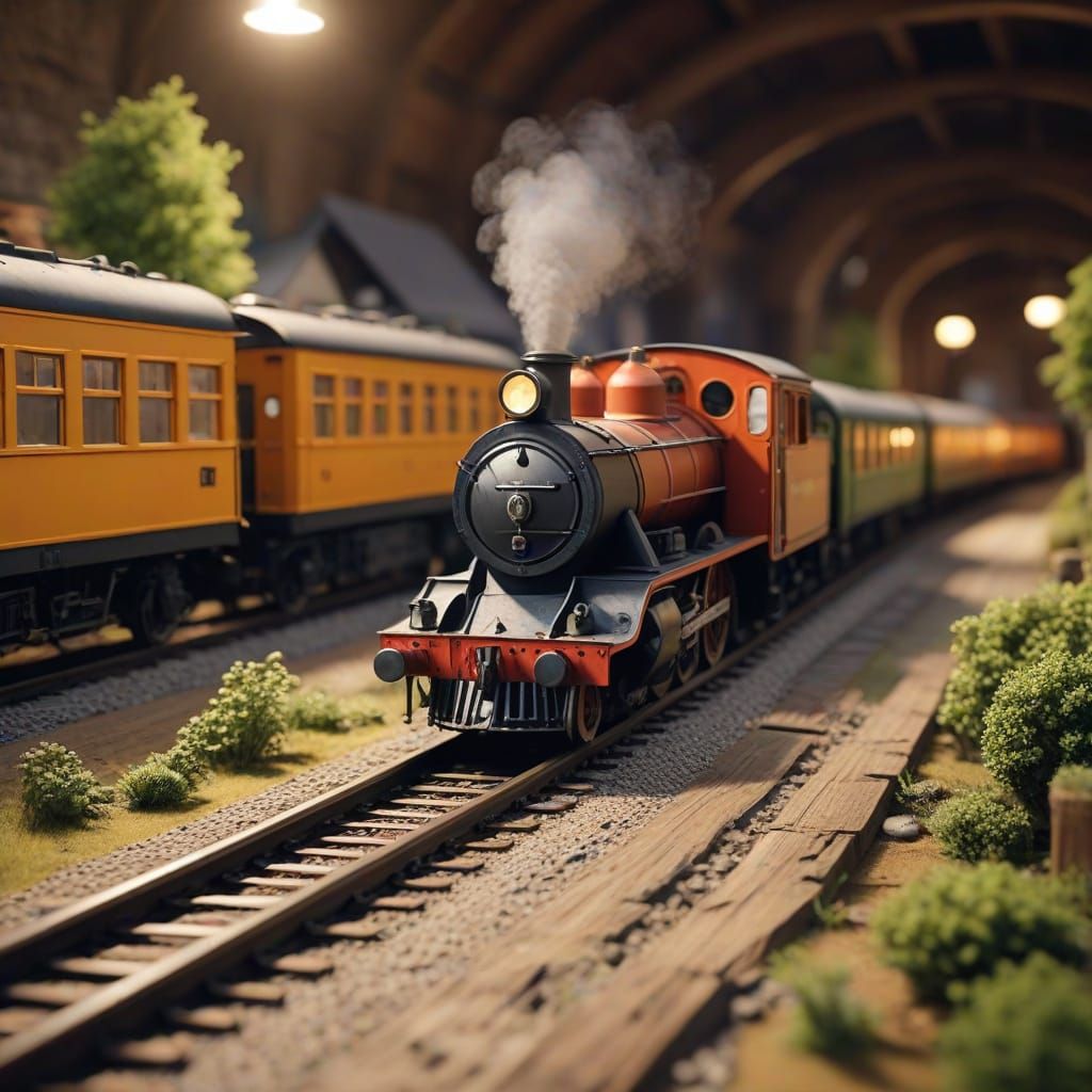 Realistic Oil Painting of a Wooden Toy Train on Model Railwa...