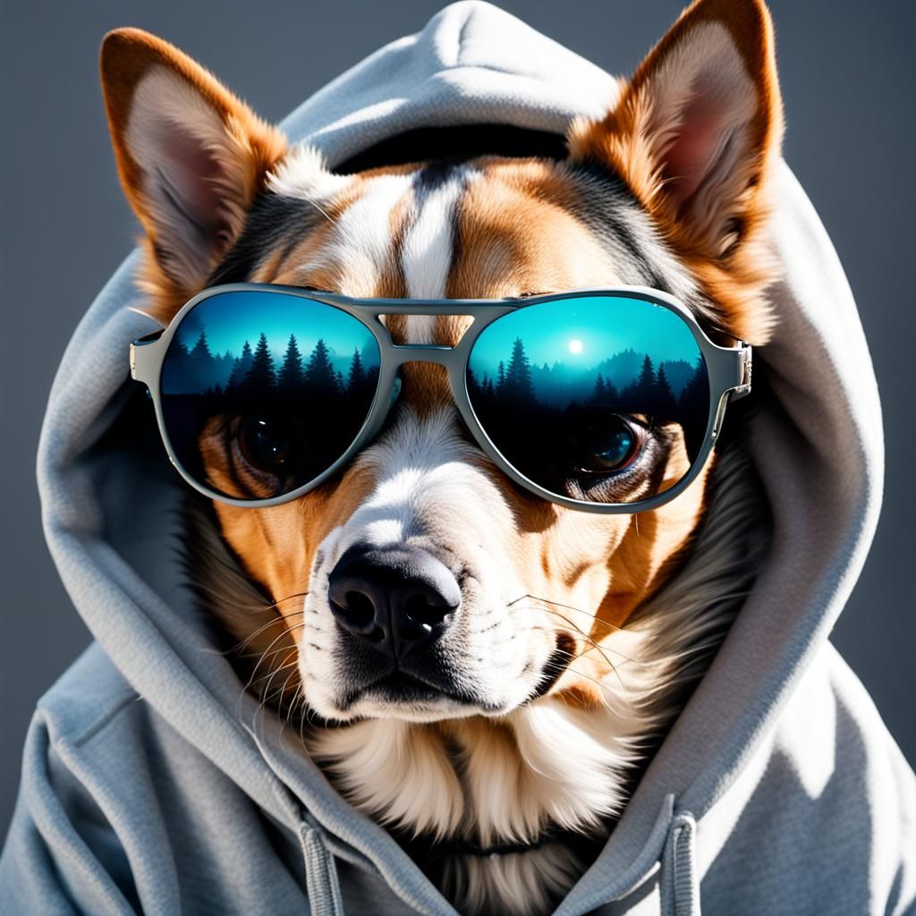 Dog with Sunglasses and Hoodie Portrait