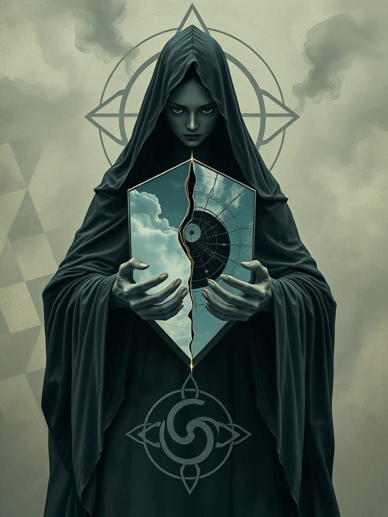 Mystic Figure with Mirror Reflecting Light and Shadow