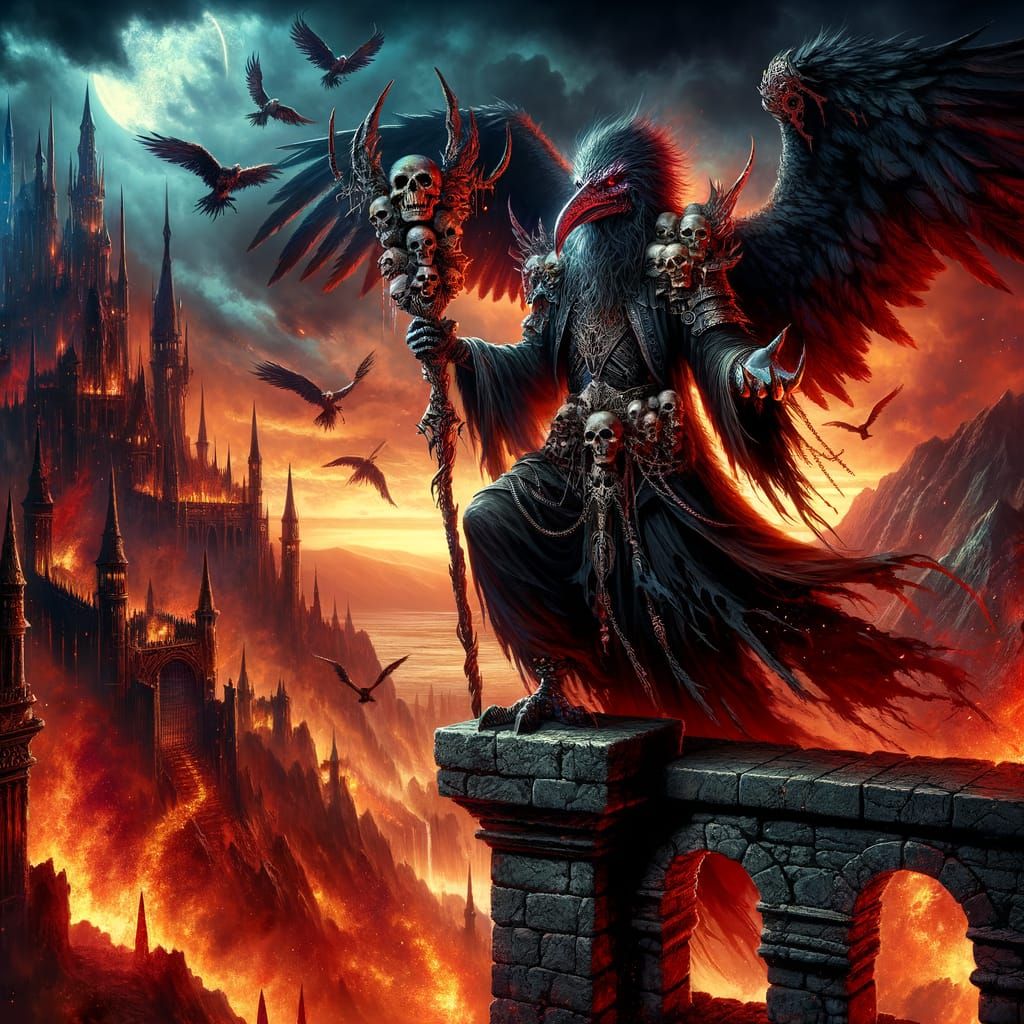 Dark Fantasy Sorcerer Overlooking Burning Landscape