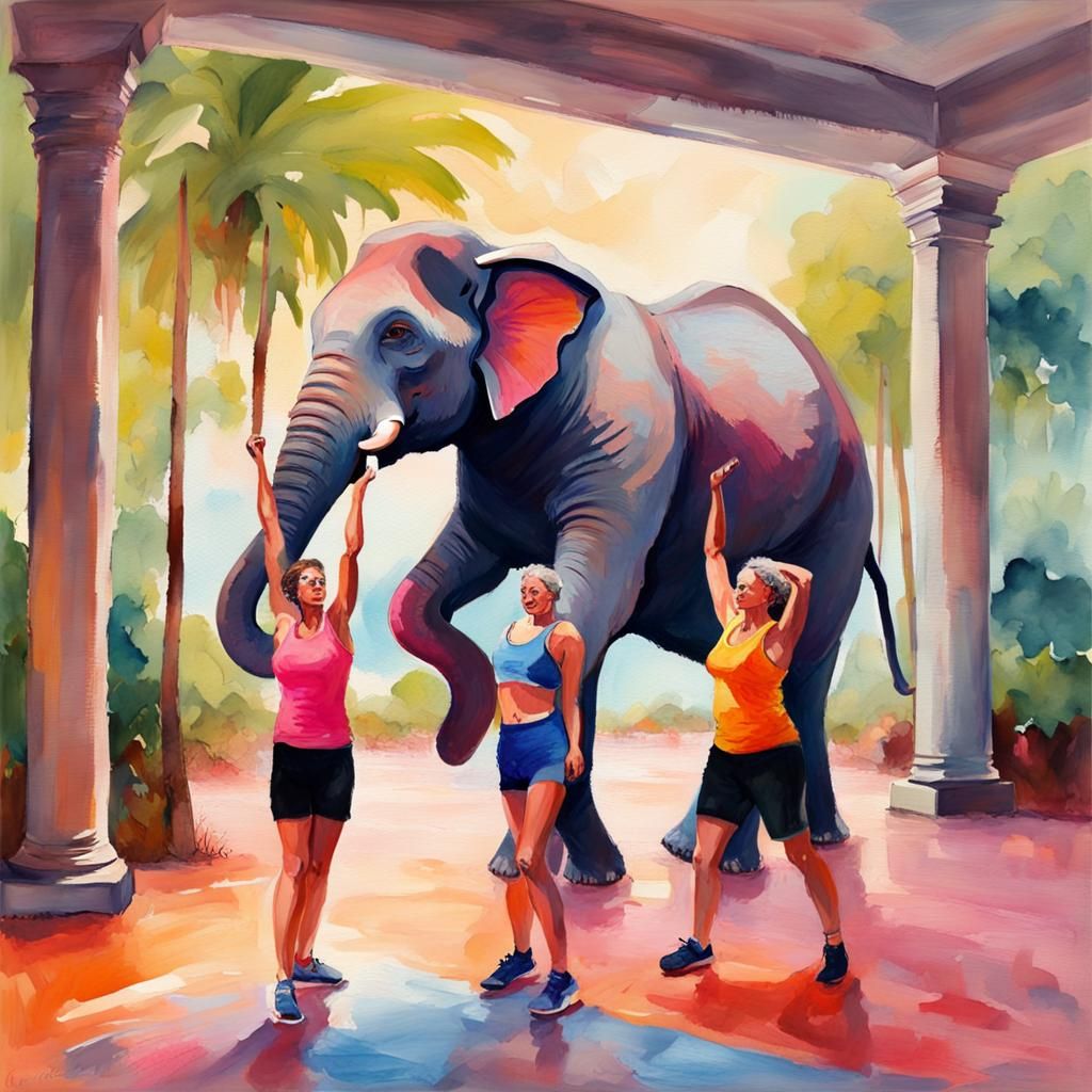 Zumba Dancing Couple with Elephant in Gouache Style