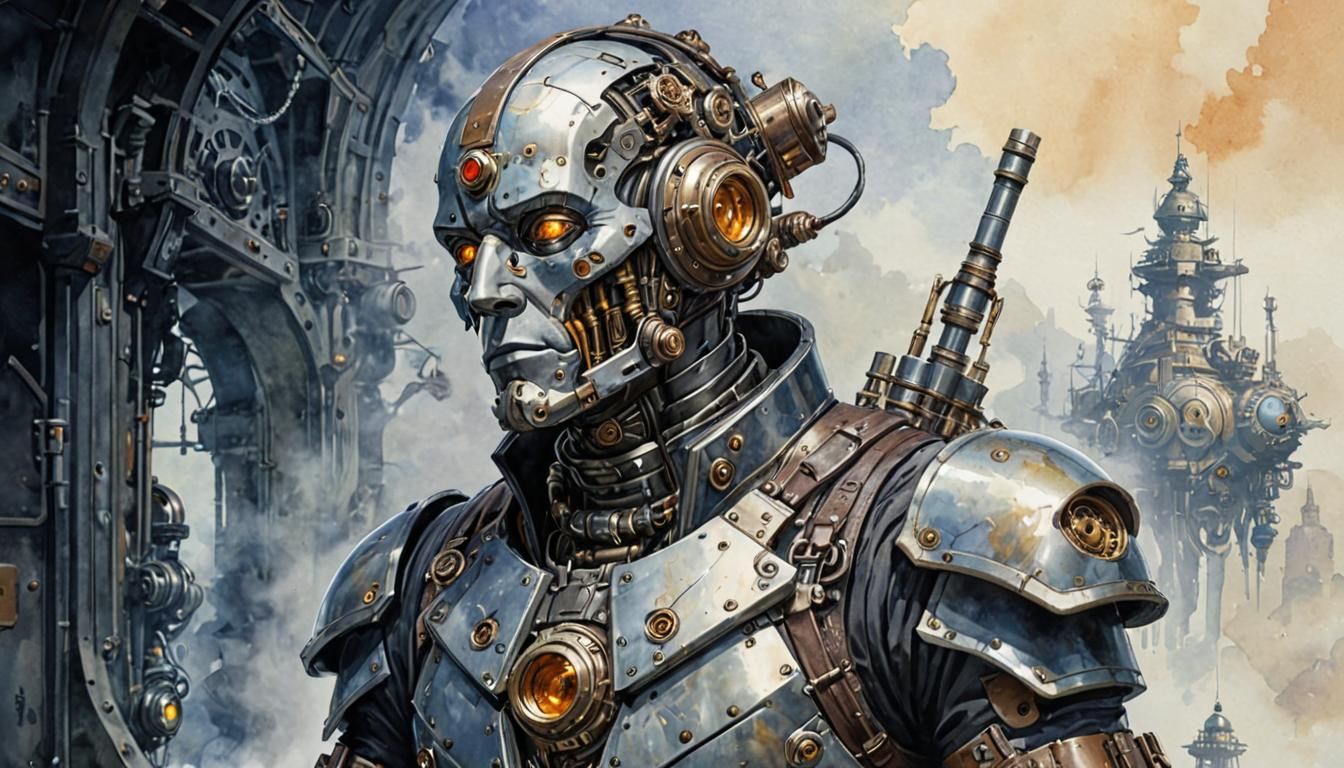 Cyborg Adventurer in Watercolor Steampunk Style
