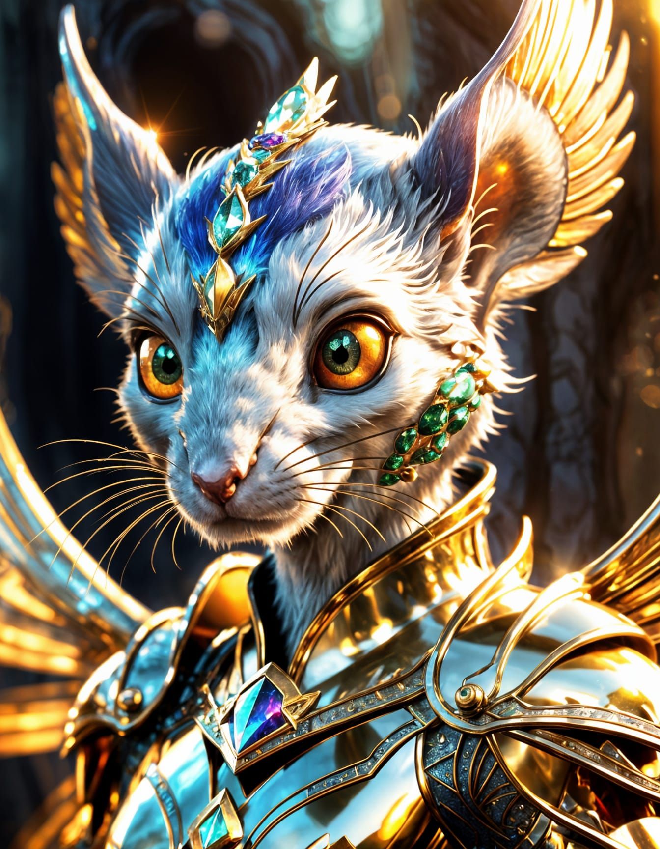 Fantasy elf-mouse hybrid in chrome armor