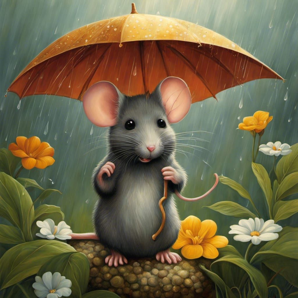 Mouse with Umbrella in Rainy Summer Day