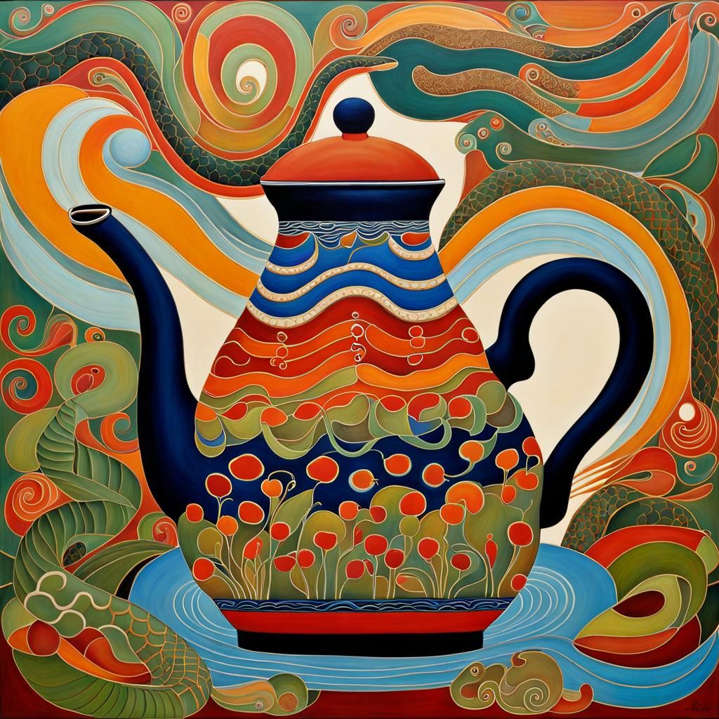 Stylized Snakes Listen in Folk Art Painting