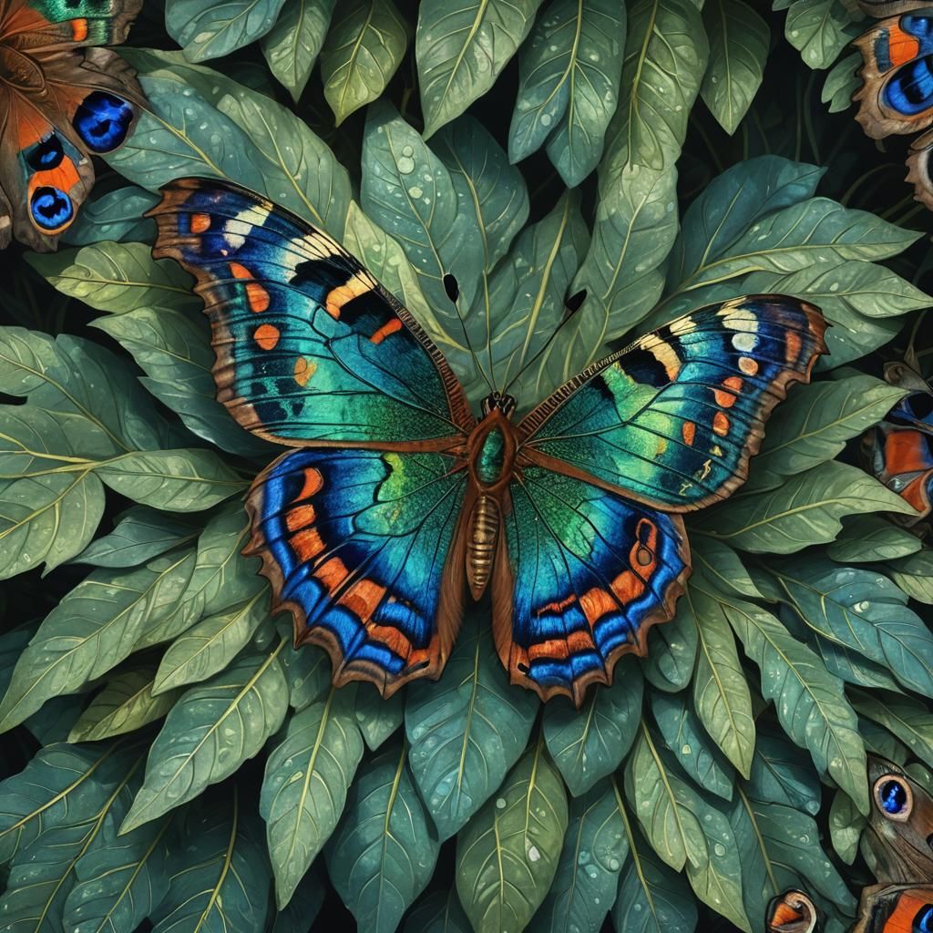 Detailed Peacock Butterfly on Leaf: Fantasy Realism
