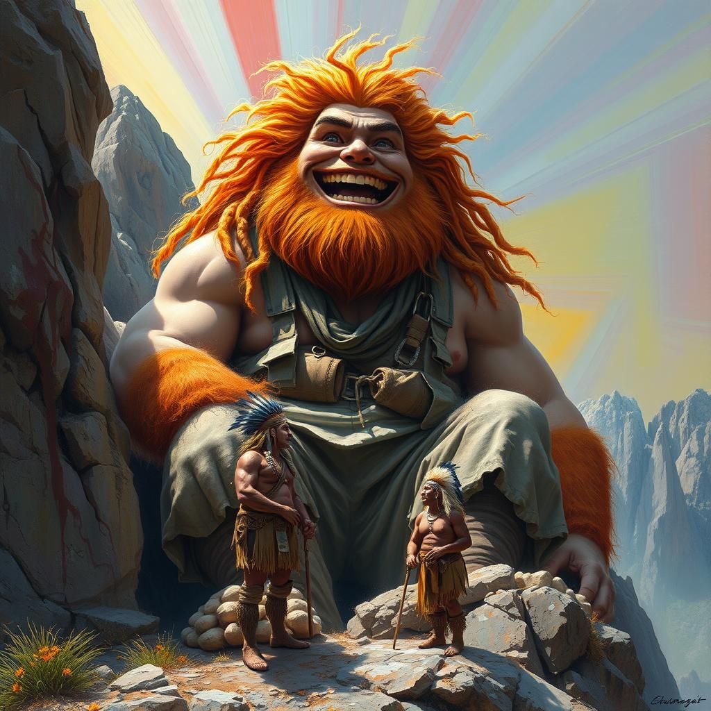 Gigantic Man Conversing in Mountain Landscape, Oil Painting