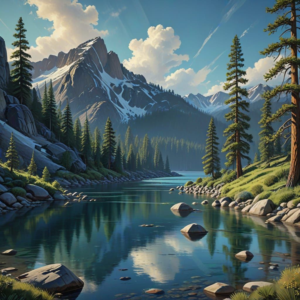 Gouache Painting of Lake Tahoe's Majestic Mountain Panorama