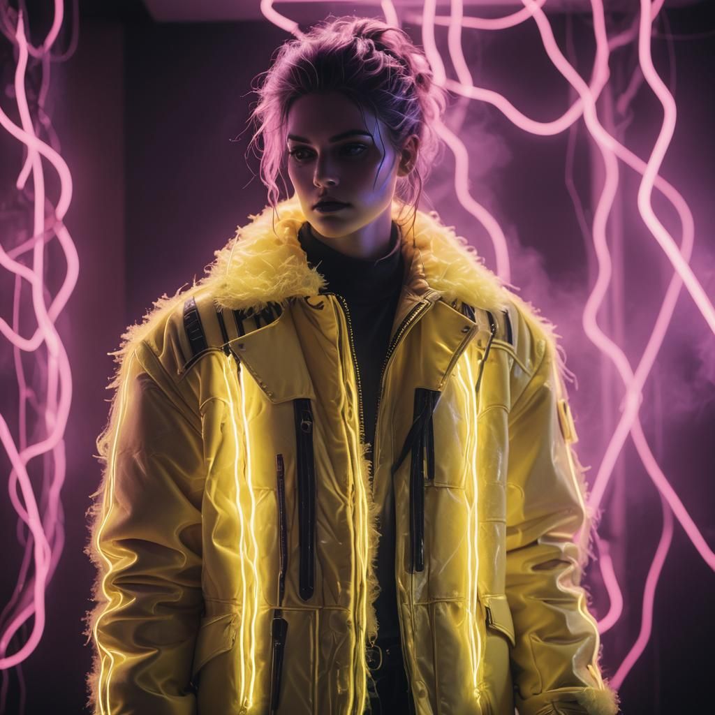 Neon Synthwave: Fluffy Yellow Jacket in Smoke
