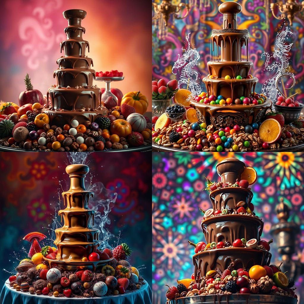 Elaborate Chocolate Fountain with Fruits and Candies